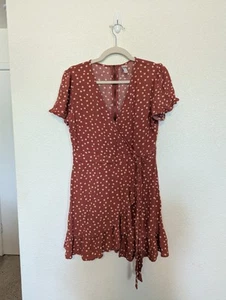 Xhilaration Dress Women Size Large Orange Polka Dot Cottagecore Ruffle Wrap  - Picture 1 of 12