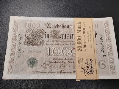 20 Stack-GERMANY 1910 1000 Mark Reichsbanknote Pre WW1 G-8 March 6th 1922 Wrap - Image 1 of 3