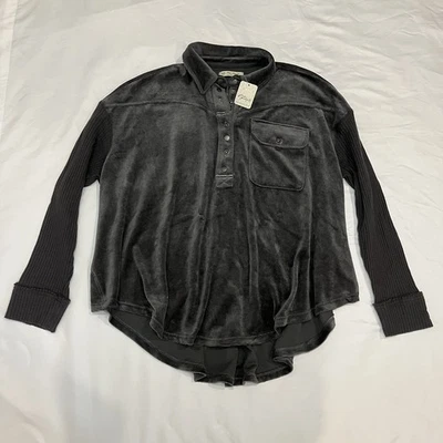 FREE PEOPLE Pullover Size Small Gray Corduroy Henley W/ Waffle Sleeve Oversized - Image 1 of 4