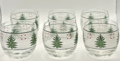 VTG Culver Christmas Tree Wreath Roly Poly Rocks wine Glasses Pixelated set of 6 - Image 1 of 4