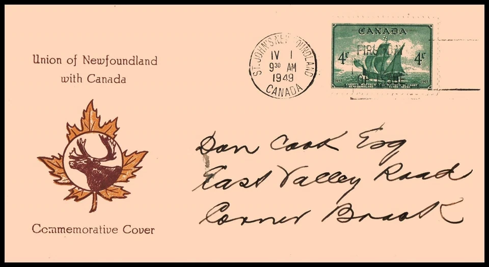Canadá FDC - 1949 - Barco John Cabots Scott # 282, alce en círculo en caché de hojas Foto 1 de 1
