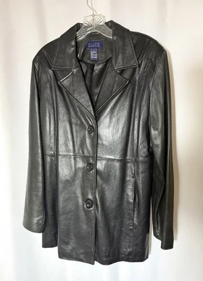 Chaqueta de cuero negra grande de colección para mujer, Hilliard & Hanson, suave, larga con bolsillos Foto 1 de 4