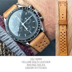 20 mm Genuine Veg Tan Yellow Gold Leather watch strap with racing holes style - Imagen 1 de 7