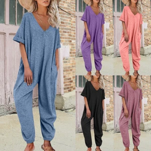 Women Baggy V Neck Jumpsuit Long Pants Summer Loose Casual Playsuit Romper US - Picture 1 of 21