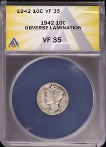 1942 10C Mercury Dime ANACS VF 35 | Obverse Lamination - Picture 1 of 4