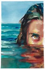 original painting 20 x 30 cm 66KlV artwork watercolor woman in water signed'24
