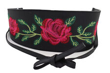 Women Black Tie Wrap Around Spring Summer Belt Red Rose Embroidery Flowers S M