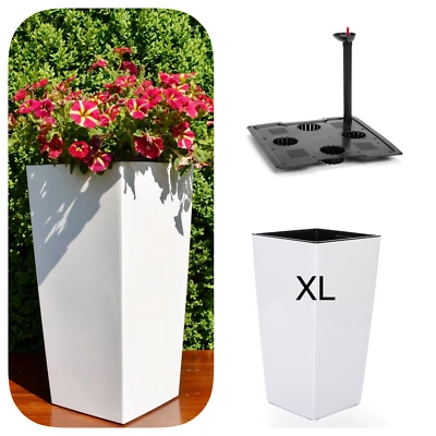 Blumenkübel mit Bewässerungssystem Hochglanz Pflanzkübel Weiß XL- 29x29x57cm - Bild 1 von 4