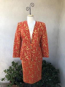 Vtg Elegant Suit Electre Paris Orange Gold Print Sz S/M 40 Skirt Jacket - Picture 1 of 12