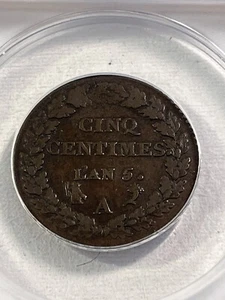 1796 Lan 5-A France 5 Centimes Graded F 12 by ANACS - Picture 1 of 4