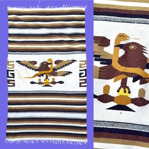 Vintage 70’s WOOL MEXICAN SALTILLO SERAPE BLANKET Rug Zapotec Bird Striped Snake - Picture 1 of 17