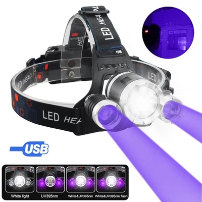 VASTFIRE Linterna Frontal LED Blanca Linterna Cabeza USB Recargable con Luz Negra 4 Modos Batería