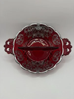 Vintage Ruby Red Viking Glass Divided Dish Silver Overlay & Handles 8in Diameter - Image 1 of 4