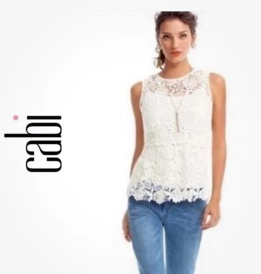 Sexy Top San Valentín de Encaje Cabi Marfil Off-White Peplum Transparente Talla XS Foto 1 de 4