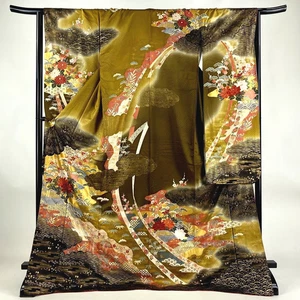 Japanischer Kimono SEIDE "FURISODE"松竹梅Kiefer/Bambus/Pflaume, Blattgold, Größe, 5 Fuß 8".4405 - Bild 1 von 15