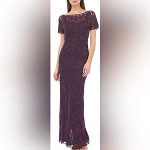 J S Collections lila Perlen Pailletten V-Ausschnitt Größe 8 Kurzarm Soutache Kleid - Bild 1 von 15