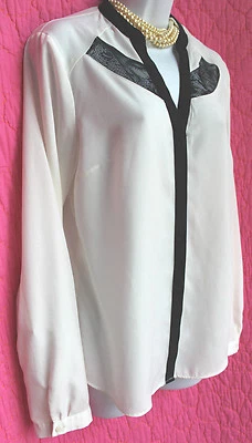ATENCIÓN Blusa Marfil Negra Ribete de Encaje Talla M Larga Sleve Botones Ocultos Prenda para el torso Foto 1 de 4