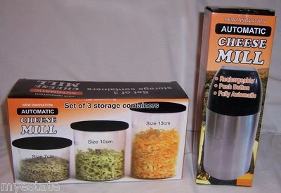 Novo MOINHO DE QUEIJO AUTOMÁTICO RECARREGÁVEL com conjunto de 3 CONTÊINERES DE ARMAZENAMENTO - Imagem 1 de 4
