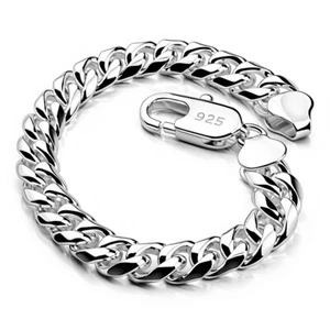 Brazalete de cadena de eslabones cubanos de plata esterlina 925 maciza para hombre cadena italiana de 10 mm - Imagen 1 de 6
