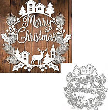 2Pcs Christmas Leaves Wreath Metal Die Cuts,Merry Christmas Ornaments Deer House