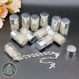 12pc Clear Silver Rosary In Glass Necklace Recuerdos Bautizo Keepsake Gifts - Picture 1 of 5