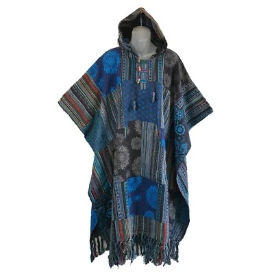 Синее черное пончо пэчворк унисекс богемное баха фестиваль хиппи капюшон серфинг мексиканский - Изображение 1 из 4