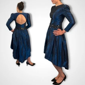 Backless Jessica McClintock Vintage 80s Puff Sleeve High Low Blue Dress Gown S/M - Picture 1 of 8