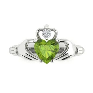 1.05 cttw Heart-Cut Natural Peridot Claddagh Engagement Ring (14K White Gold) - Picture 1 of 11