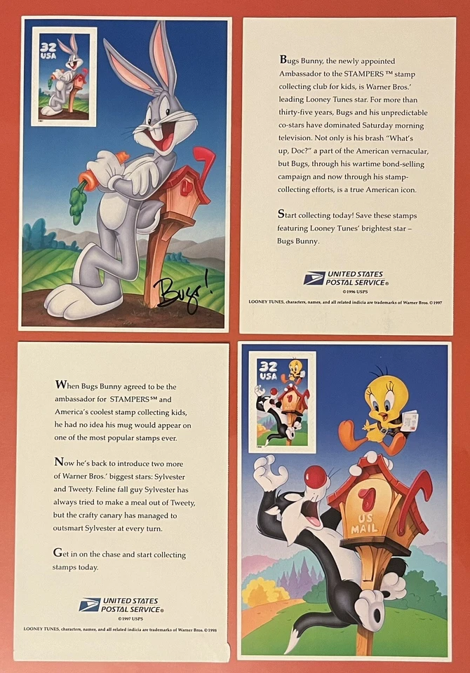 1997 Bugs Bunny & 1998 Sylvester & Tweety Souvenir Cards, Scott #3137c & 3205 - Image 1 of 1