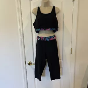 Enlachic Black 20W Pink Blue Floral 2Pc Swimsuit Top Capri Pants - Picture 1 of 19