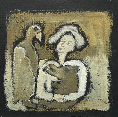 Sandra Pape Gouache Painting  5x5” Women Holding Cat Talking To Bird Folk Art - Image 1 of 4