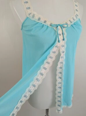 Camisón corto cami vintage años 60 70 bebé muñeca frente abierto azul cielo nailon encaje XS Foto 1 de 4