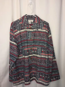 Coldwater Creek Southwestern baracca misto lino 2x bottoni legno azteco boho artistico - Foto 1 di 11