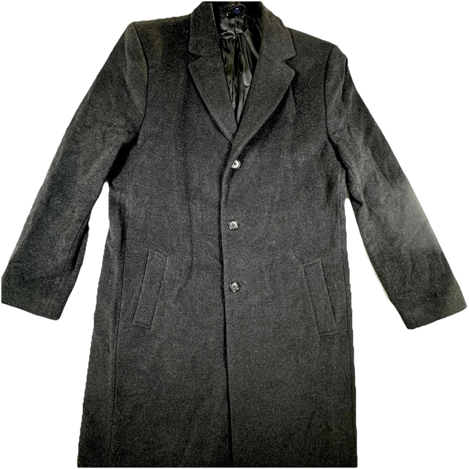 Hathaway Platinum Mens 44L Black Wool Cashmere Overcoat Long Coat Italy Fabric - Image 1 of 4