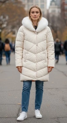 Tommy Hilfiger Down Quilted Hood Faux Fur Trim Coat Puffer S Parka White Chevron - Image 1 of 4