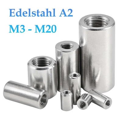 Verbindungsmuffen M3 bis M20 Rund Langmutter Gewindemuffen Edelstahl V2A VA A2 - Bild 1 von 4