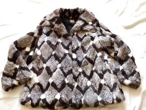 Rabbit Fur Coat Gray White Black Unique Design Hook Front Women 38 US S Warm - Picture 1 of 24