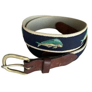 Leather Canvas Fish Belt Blue Tan 1" Mahi Mahi Brass Buckle Men’s 36 - Picture 1 of 5
