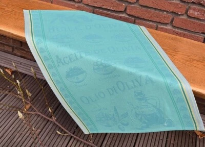 Geschirrtuch Baumwolle Jacquard 50x70 cm türkis mit Olivenmotiven aus Frankreich - Bild 1 von 4
