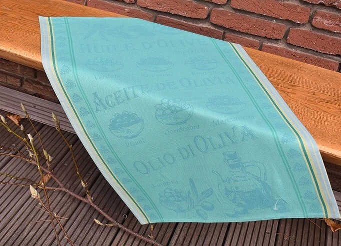 Geschirrtuch Baumwolle Jacquard 50x70 cm türkis mit Olivenmotiven aus Frankreich - Bild 1 von 4