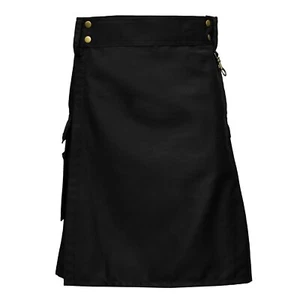Men’s Utility Kilt Scottish Kilt with Cargo Pockets Handmade Cotton Black Tartan - Picture 1 of 8