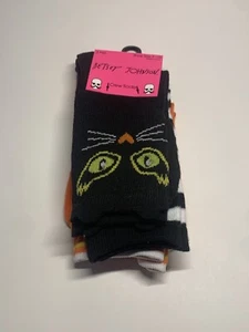 NUEVO JUEGO DE 3 PARES DE CALCETINES CREW BETSEY JOHNSON HALLOWEEN GATO NEGRO BATE RAYAS NEGRAS - Imagen 1 de 3