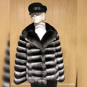 Chinchilla Mujer Invierno Real Rex Piel de Conejo Abrigo Solapa Chaquetas Ropa Exterior de Lujo - Imagen 1 de 7