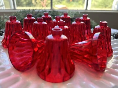 VINTAGE CHRISTMAS CLEAR HARD PLASTIC RED BELL LIGHT REFLECTOR COVER 12PC 2X2" - Image 1 of 4