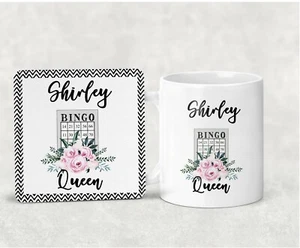 Set Regalo Tazza e Sottobicchiere Personalizzato... Bingo Queen.. Amica/Mamma/Nan/Collega - Foto 1 di 1