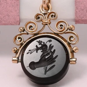 Antique Victorian Onyx Intaglio HAND Fuchsia 9k Gold Charm Spinner Pendant - Picture 1 of 6