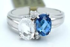 Oval Blue Topaz Lab-Created Diamond Engagement Women Ring 14K White Gold Plated