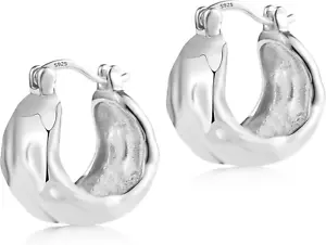 925 Sterling Silver Earrings Hammered Small Chunky Hoop Earrings for Women Hypoa - Picture 1 of 12