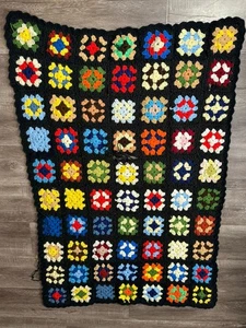 VTG 70s Granny Square Crochet Afghan Throw Blanket Grannycore Circle Full Twin - Picture 1 of 12