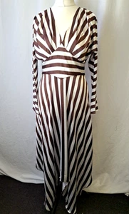 Warehouse Stripe Satin Midi Dress Brown & White Long Sleeved UK12 NWT C4318 - Picture 1 of 8
